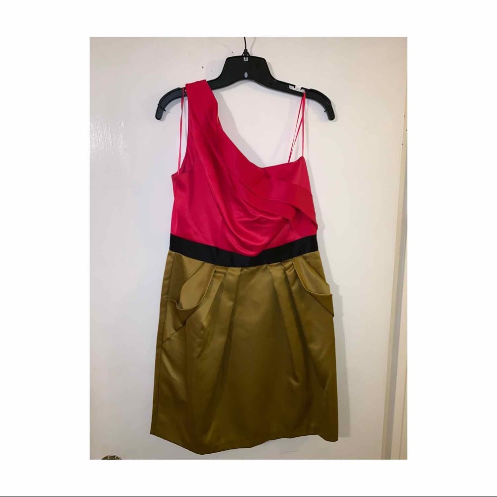 One shoulder Pink and Green Party dress